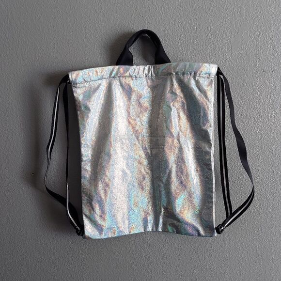 PINK Victoria Secret Iridescent Silver Holographic Drawstring Backpack Bag - Picture 3 of 4